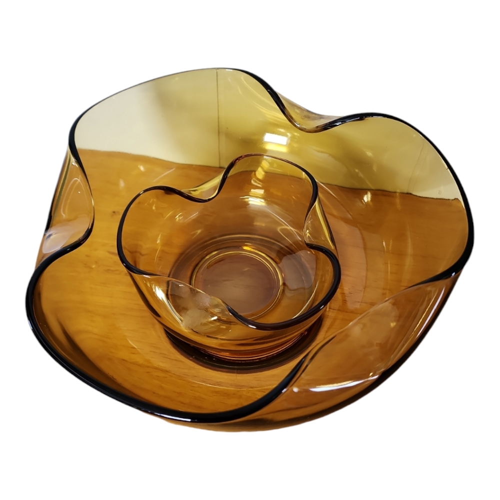 Mid-Century Modern Hand-Crafted Amber Glass Chips & Dip Bowls, USA, c. 1960's